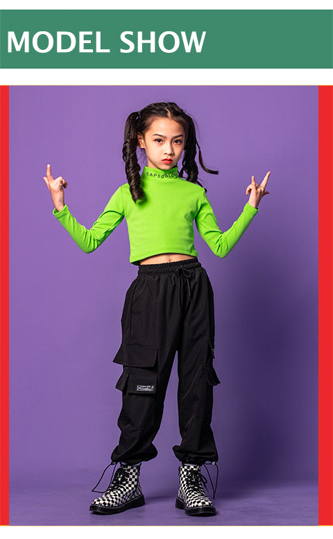 Girl's Fluorescence Half-Turtleneck Crop Top Cargo Pants Street Dance Outfits