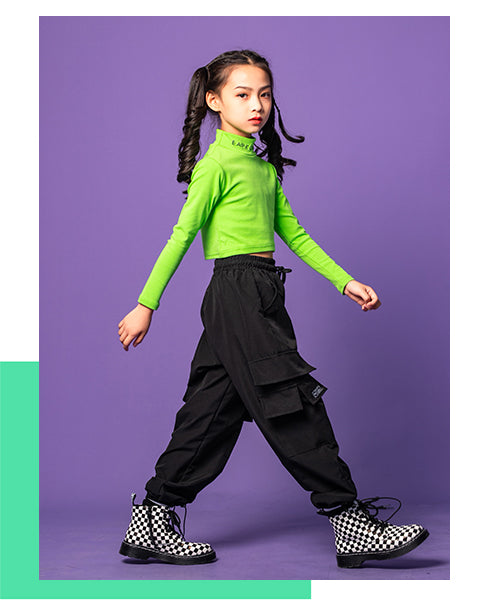 Girl's Fluorescence Half-Turtleneck Crop Top Cargo Pants Street Dance Outfits