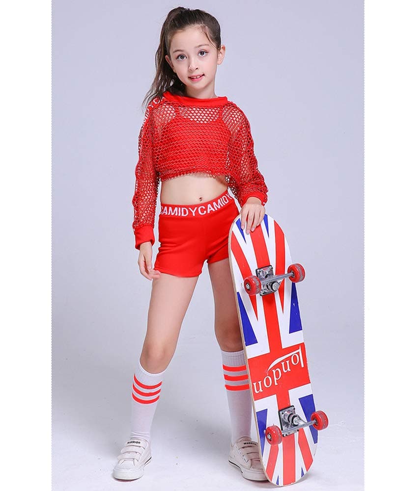 Girls Mesh Red Crop Top Shorts Soft Dance Outfit