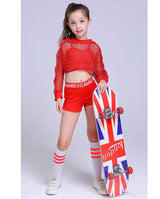 Girls Mesh Red Crop Top Shorts Soft Dance Outfit