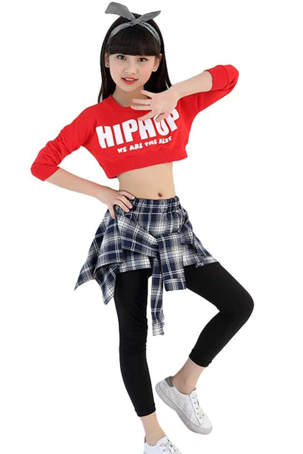 Girls Hip Hop Clothing Red Tops Black Pants Casual Overalls Street