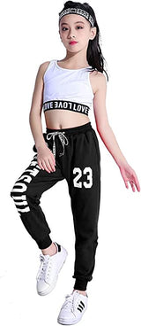 [VIP]Girls Sleeveless Dance Costume Crop Top Sweatshirt Sweatpants