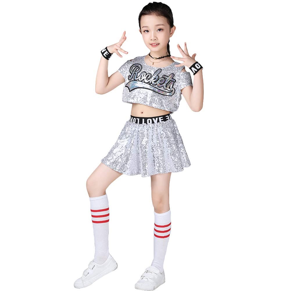 Girl's Sequins Short Sleeve Skirt Dance Party Stage Costume