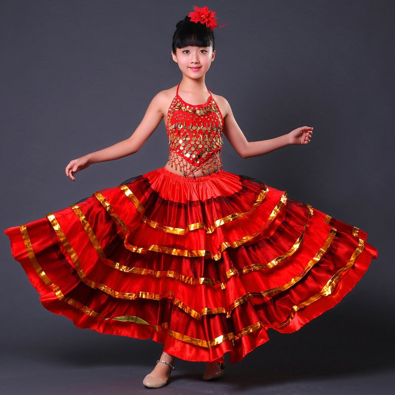 Girls Spanish Flamenco Skirt Gypsy Belly Dancer Performance Costume