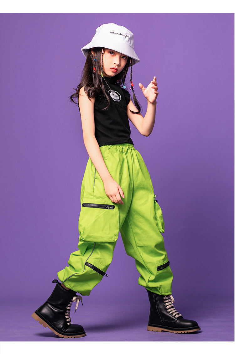 Girl's Sleeveless Crop Top Cargo Pants Stage Exercise Dance Costume