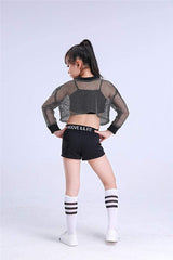 Girls Mesh Red Crop Top Shorts Soft Dance Outfit