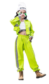[VIP]Girls Casual Fluorescent Checker Jacket Pants Joggers Dance Sets