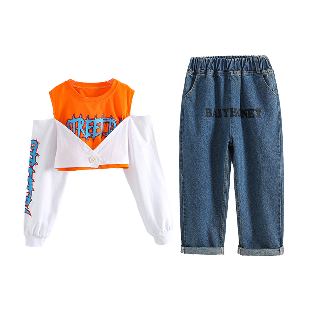 Unisex Boy's Girl's  Lettering Denim Jeans Zebra Stripes Dance Outfit