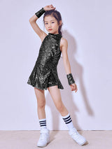 [VIP]Girl's Sparkle Sequins Sleeveless Top Shorts Performance Outfits