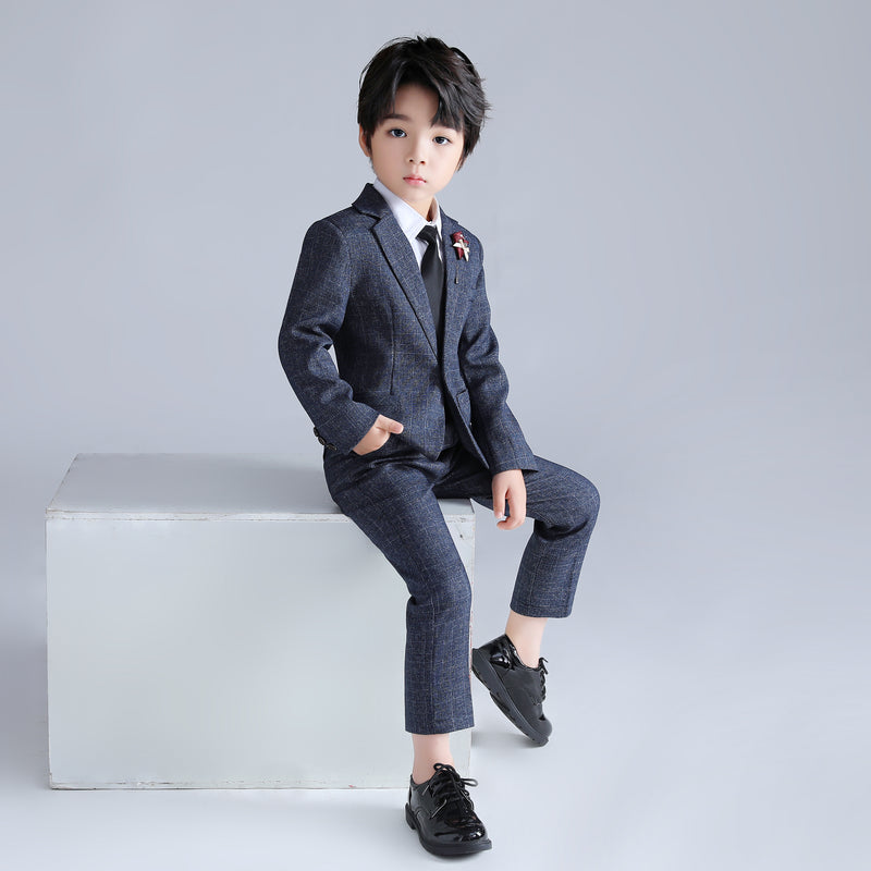 Boy's Red Blue Gentle Business Formal Suit Plaid Blazer Pants Set