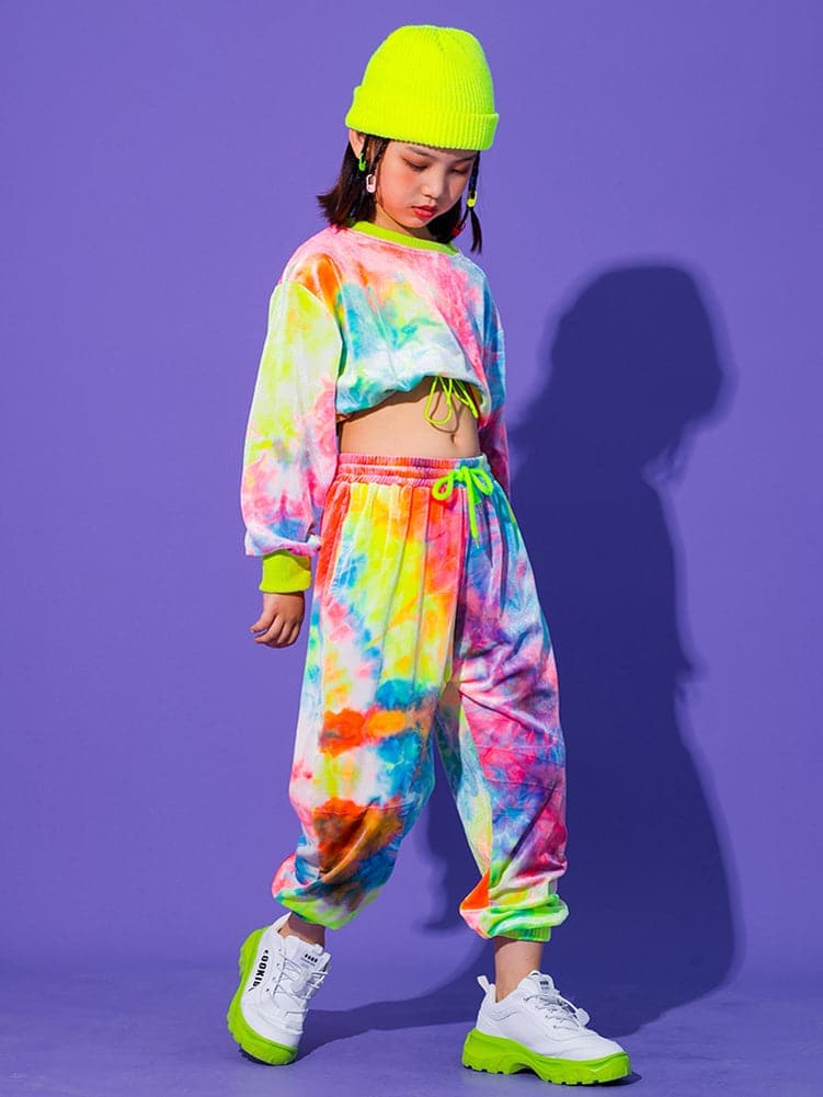 [VIP]Girls Tie Dye Pullover Long Short Sleeve Sweatpants Casual Jogger Set