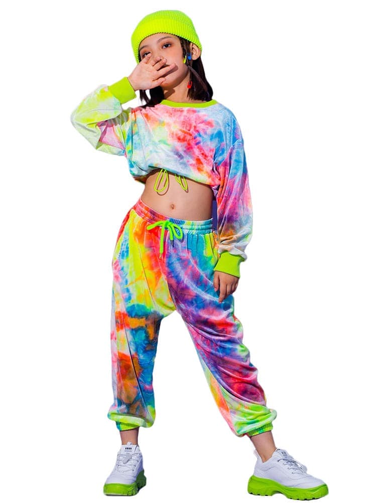 [VIP]Girls Tie Dye Pullover Long Short Sleeve Sweatpants Casual Jogger Set