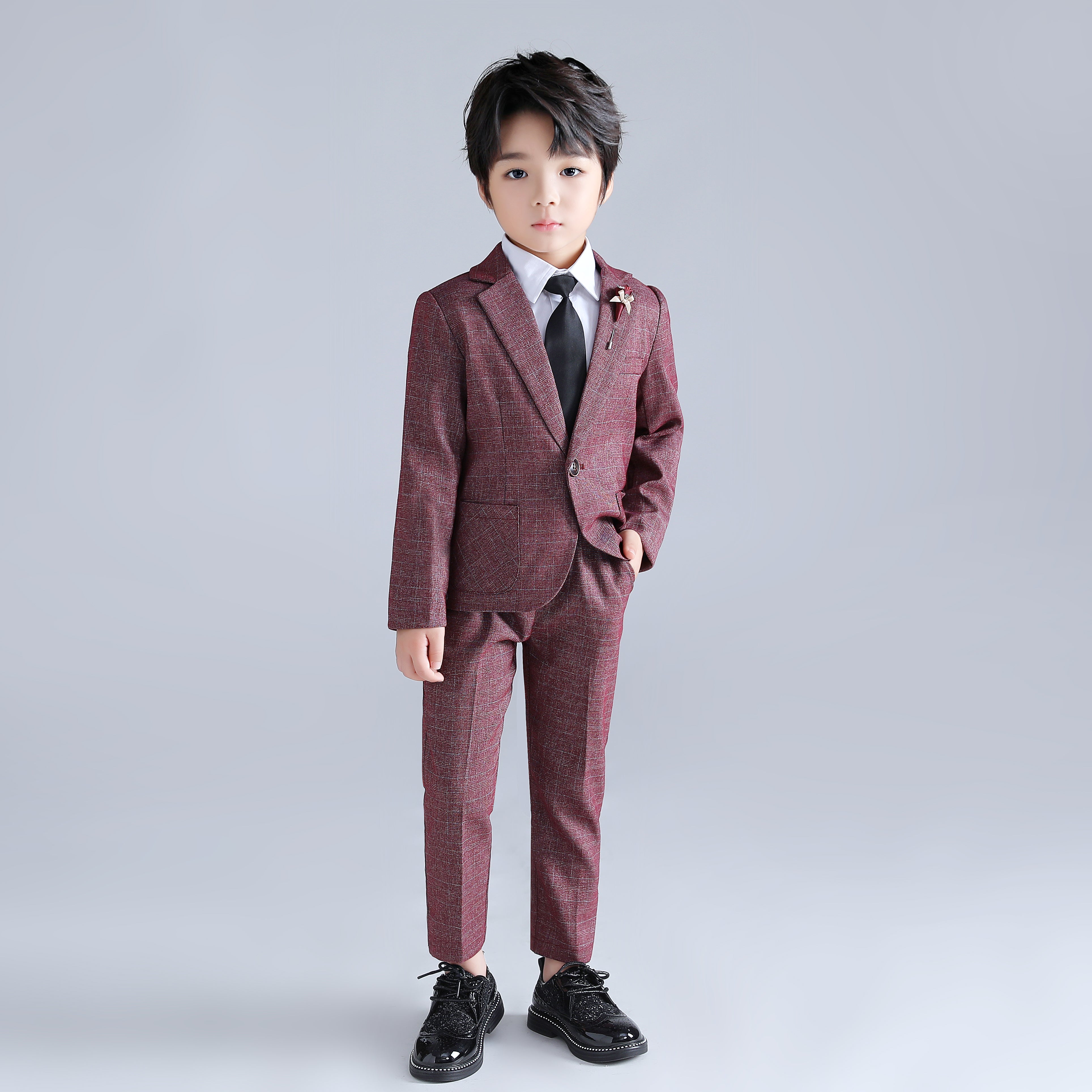 Boy's Red Blue Gentle Business Formal Suit Plaid Blazer Pants Set