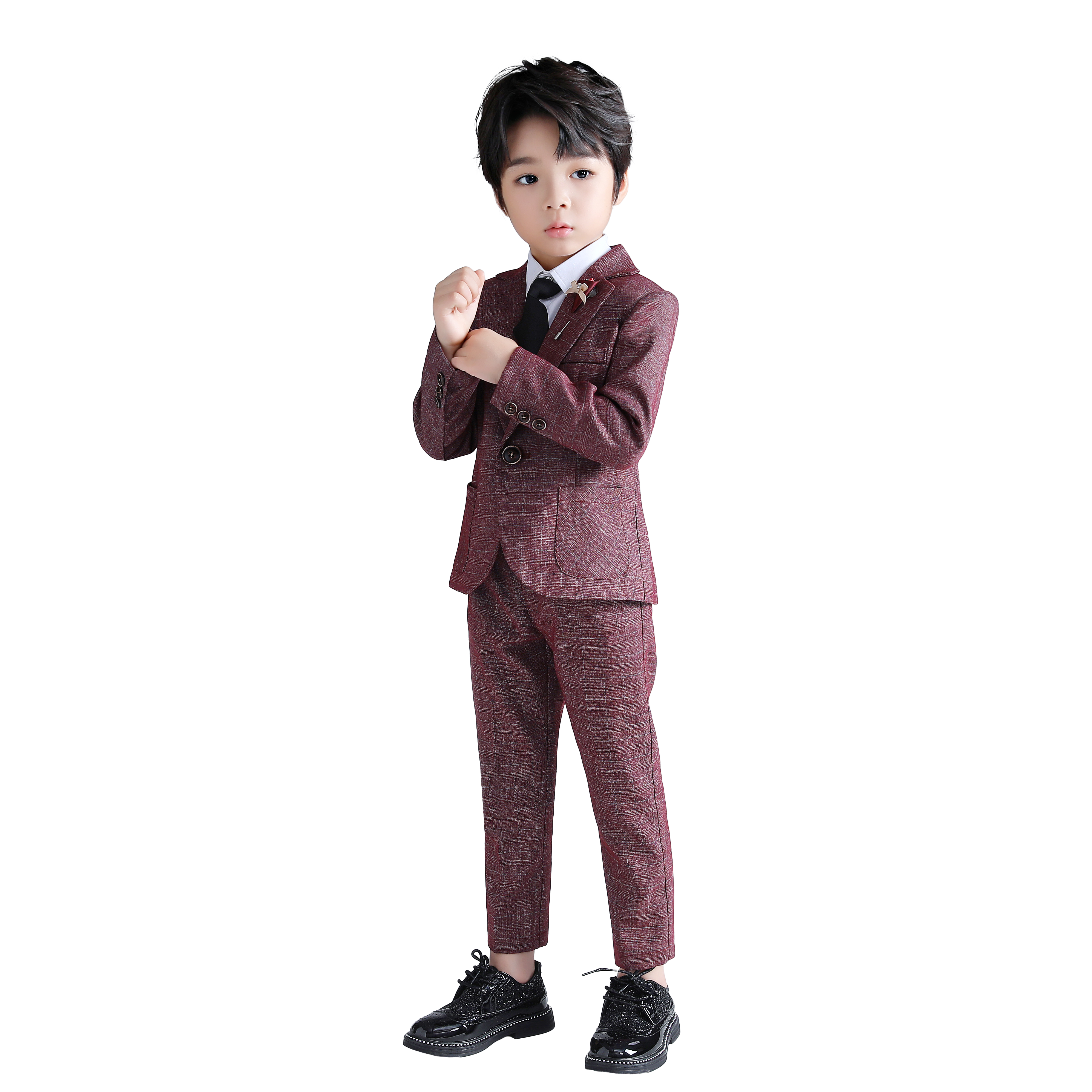 Boy's Red Blue Gentle Business Formal Suit Plaid Blazer Pants Set